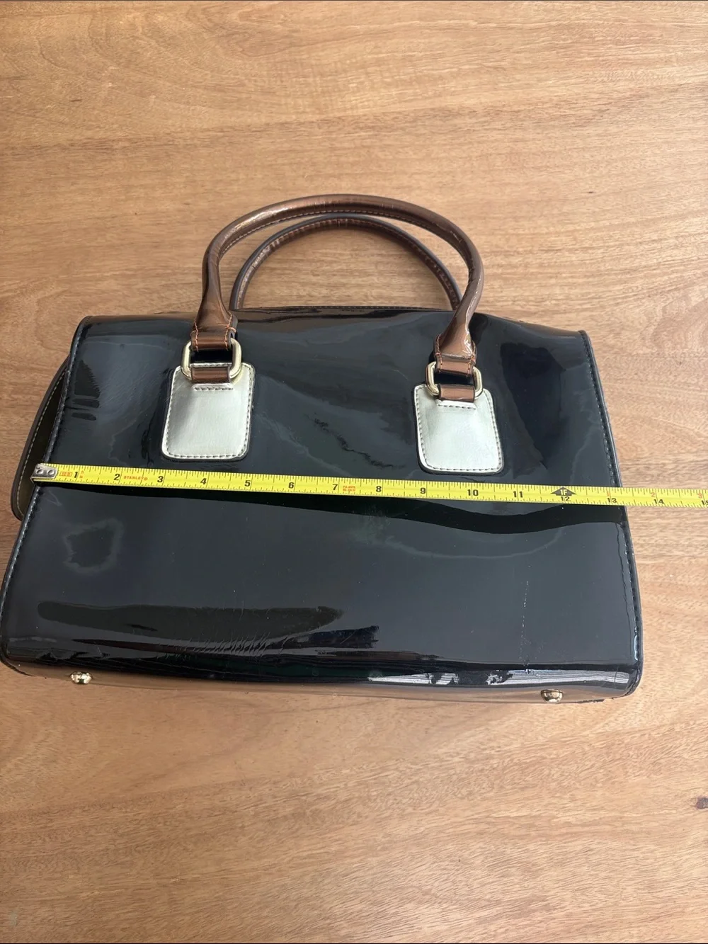 Large Black Charol Satchel with Tan Handles